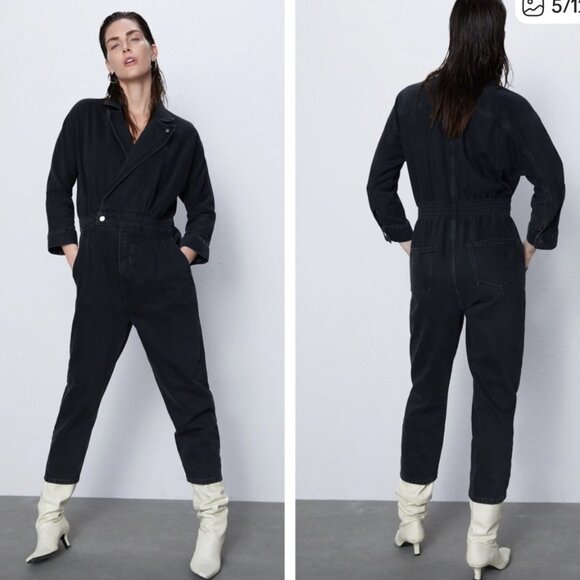 Zara Black Denim Lyocell Cotton Jumpsuit Long Sleeve Utility Boiler Suit Size XS - Picture 14 of 14